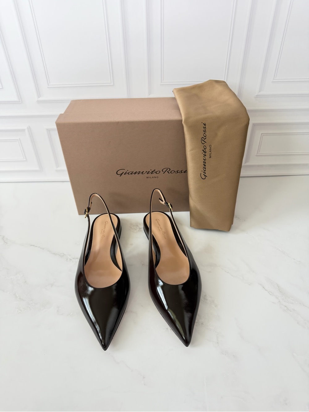 Gianvito Rossi Robbie Sling 05 Dark Brown Patent Leather Flats EU 36.5 NIB